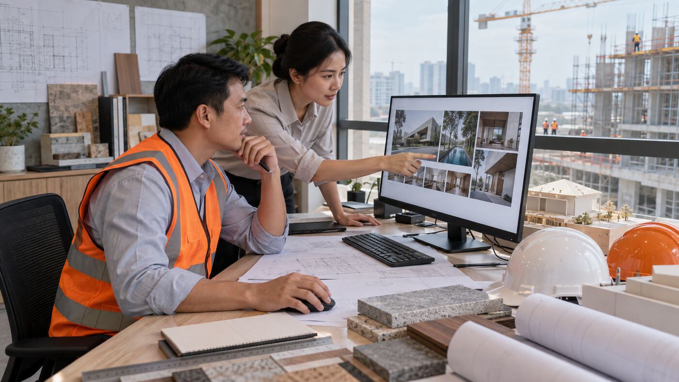 Góc làm việc minh họa chủ đề công ty thiết kế website xây dựng